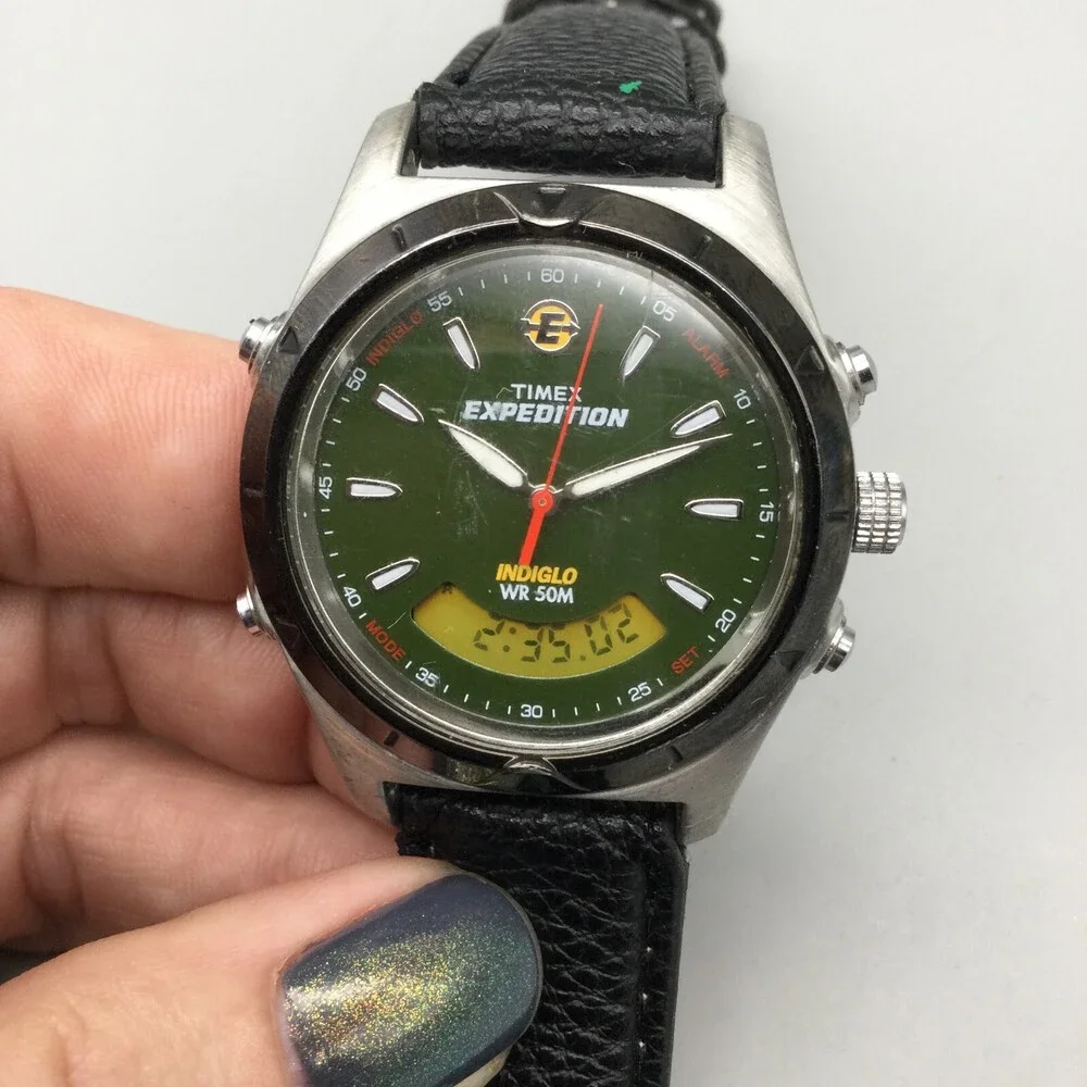 Timex Expedition Watch Men Indiglo 37mm Green Dial Analog Digital New Battery - Picture 9 of 15